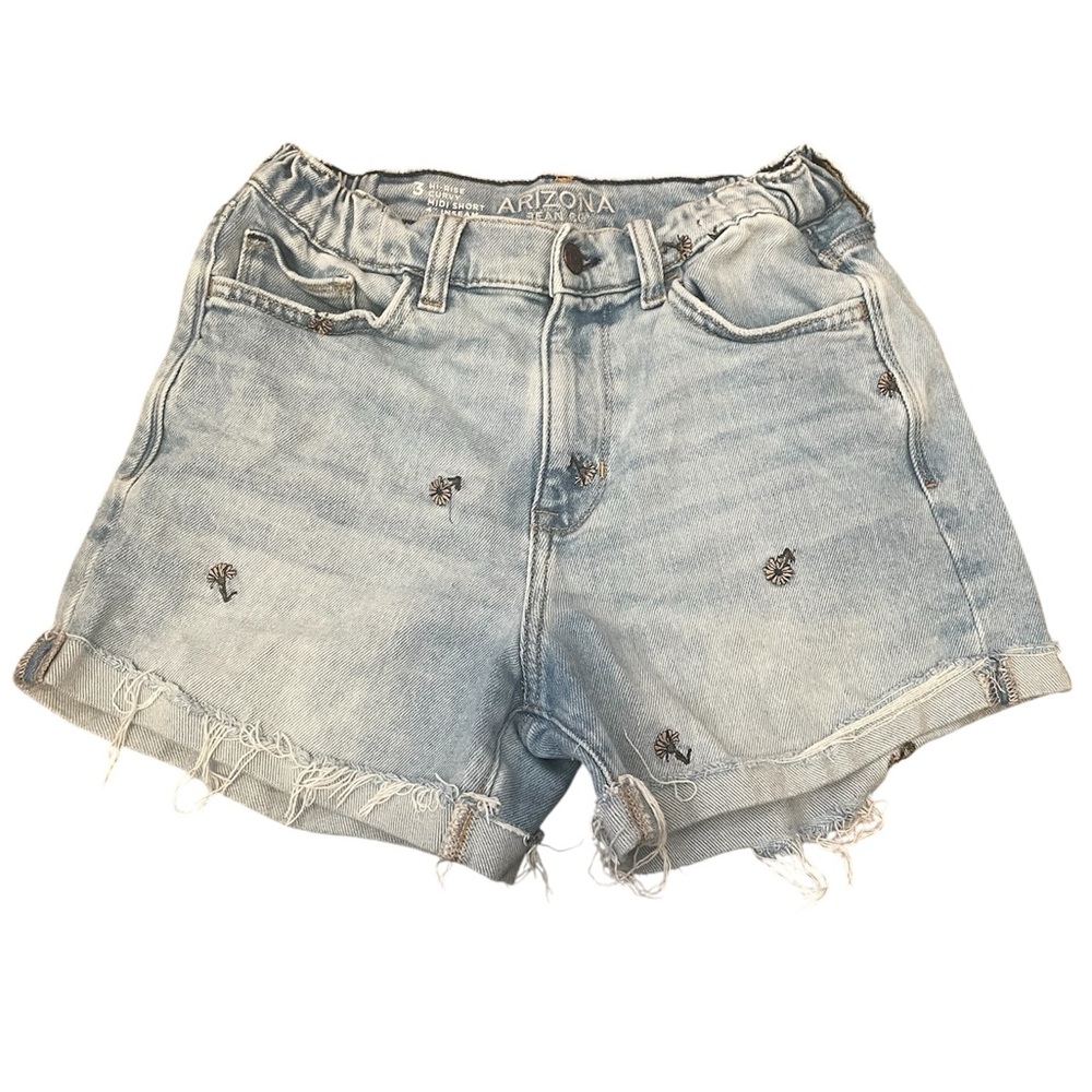 Arizona Jean Company Women's Embroidered Floral Light Blue Jean Hi Rise Shorts